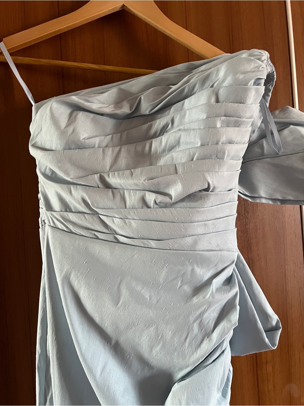 Rachel Gilbert Light Blue One-Shoulder Ruched Gown with Bow - Picture 7 of 13